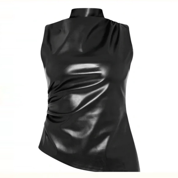 Commense Mock Neck, Faux Leather Clinched black top. Size S. NWT - Picture 3 of 6